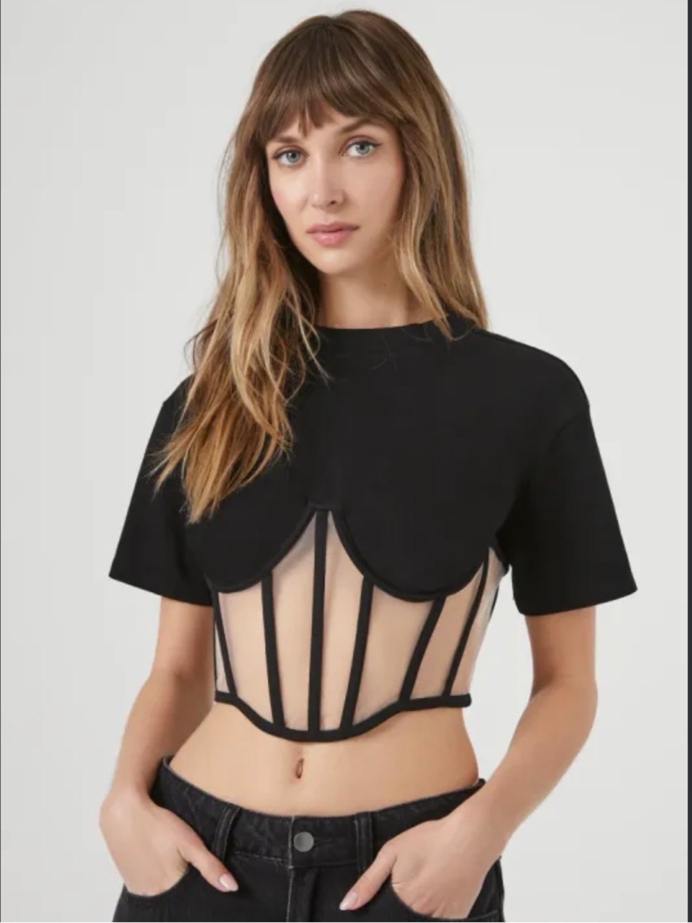 Black Mesh Corset Crop Top XS just like RTA Angelo top Forever 21